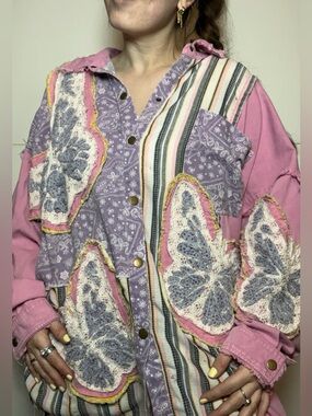 Blue Velvet Patchwork Butterfly Jacket Boho Lace Fairycore Top Large